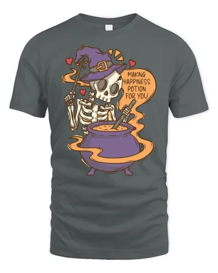 Funny Skeleton Witch Making Happiness Potion Cute Halloween T Shirt - gray t-shirt on white background