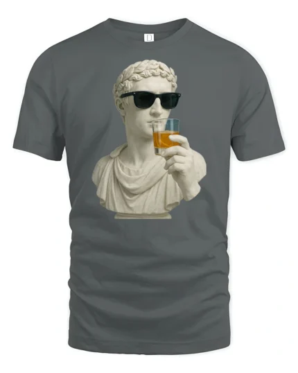 Funny Classical Statue Drinking Whiskey Cool Sunglasses T Shirt - gray t-shirt on white background