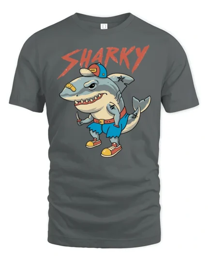 Sharky Funny Cartoon Shark Street Style Graphic T Shirt - gray t-shirt on white background