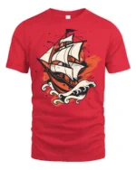 Vintage Sailing Ship Ocean Adventure Bold Graphic T Shirt - red t-shirt on white background