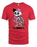 Funny Skateboarding Skeleton With Lollipop Cute Cartoon T Shirt - red t-shirt on white background