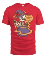 Funny Skeleton Witch Making Happiness Potion Cute Halloween T Shirt - red t-shirt on white background