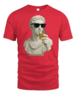 Funny Classical Statue Drinking Whiskey Cool Sunglasses T Shirt - red t-shirt on white background