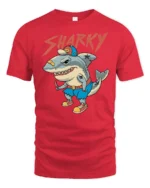 Sharky Funny Cartoon Shark Street Style Graphic T Shirt - red t-shirt on white background