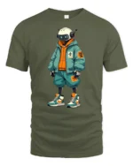 Cool Streetwear Robot Character Urban Style Graphic T Shirt - military green t-shirt on white background