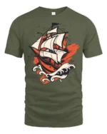 Vintage Sailing Ship Ocean Adventure Bold Graphic T Shirt - military green t-shirt on white background