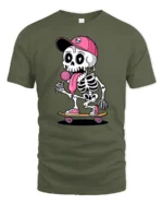 Funny Skateboarding Skeleton With Lollipop Cute Cartoon T Shirt - military green t-shirt on white background