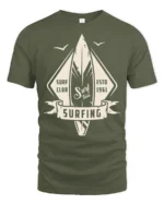 Surfing Surf Club Vintage Style Wave Rider Graphic T Shirt - military green t-shirt on white background