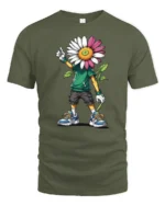 Cool Daisy Head Cartoon Kid Urban Style Graphic Tee Tshirt - military green t-shirt on white background
