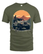 Off Road Jeep Adventure Mountain Sunset Outdoor Graphic T Shirt - military green t-shirt on white background