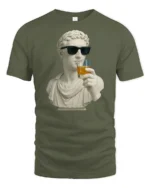 Funny Classical Statue Drinking Whiskey Cool Sunglasses T Shirt - military green t-shirt on white background