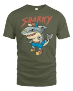 Sharky Funny Cartoon Shark Street Style Graphic T Shirt - military green t-shirt on white background