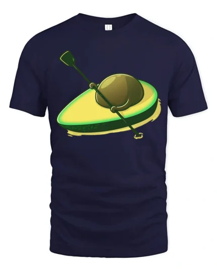 Funny Avocado Surfboard Kayak Cartoon Food Lover T Shirt - navy t-shirt on white background