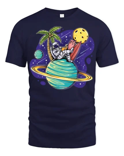 Funny Astronaut Surfing Planet Space Beach Vibes T Shirt - navy t-shirt on white background