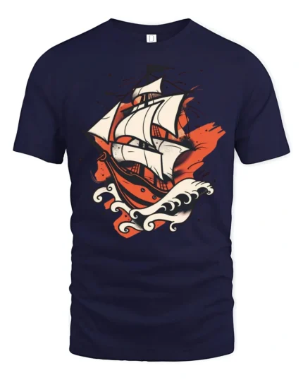 Vintage Sailing Ship Ocean Adventure Bold Graphic T Shirt - navy t-shirt on white background