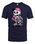 Funny Skateboarding Skeleton With Lollipop Cute Cartoon T Shirt - navy t-shirt on white background