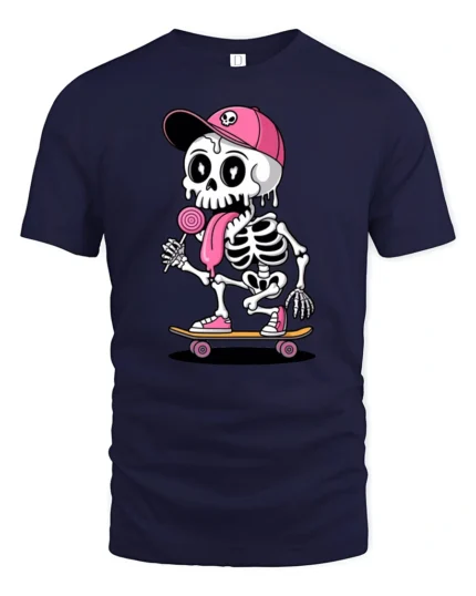 Funny Skateboarding Skeleton With Lollipop Cute Cartoon T Shirt - navy t-shirt on white background