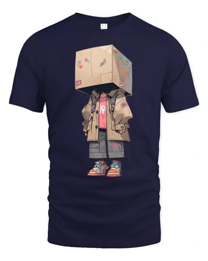 Cool Box Head Streetwear Character Urban Style Graphic T Shirt - navy t-shirt on white background