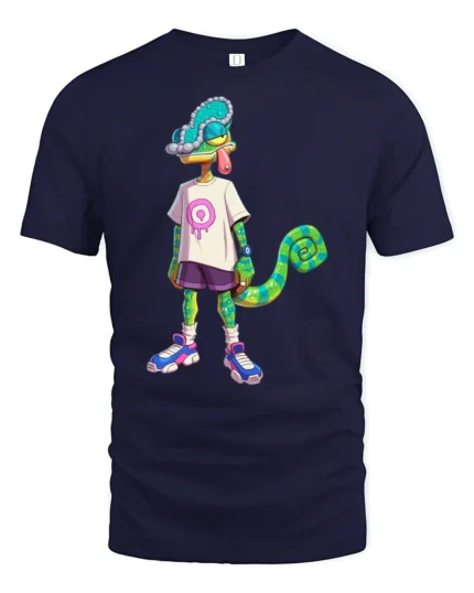 Cool Cartoon Chameleon Street Style Trendy Graphic Tee Tshirt - navy t-shirt on white background