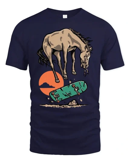 Cool Horse Skater Failing Trick Funny Graphic Tee Tshirt - navy t-shirt on white background
