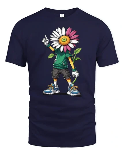 Cool Daisy Head Cartoon Kid Urban Style Graphic Tee Tshirt - navy t-shirt on white background