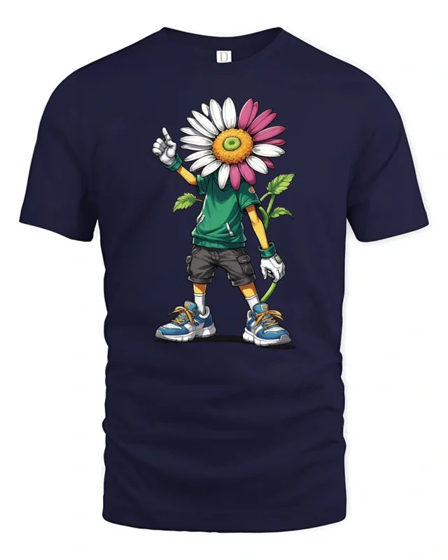 Cool Daisy Head Cartoon Kid Urban Style Graphic Tee Tshirt - navy t-shirt on white background