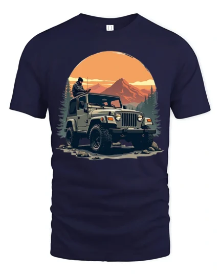 Off Road Jeep Adventure Mountain Sunset Outdoor Graphic T Shirt - navy t-shirt on white background