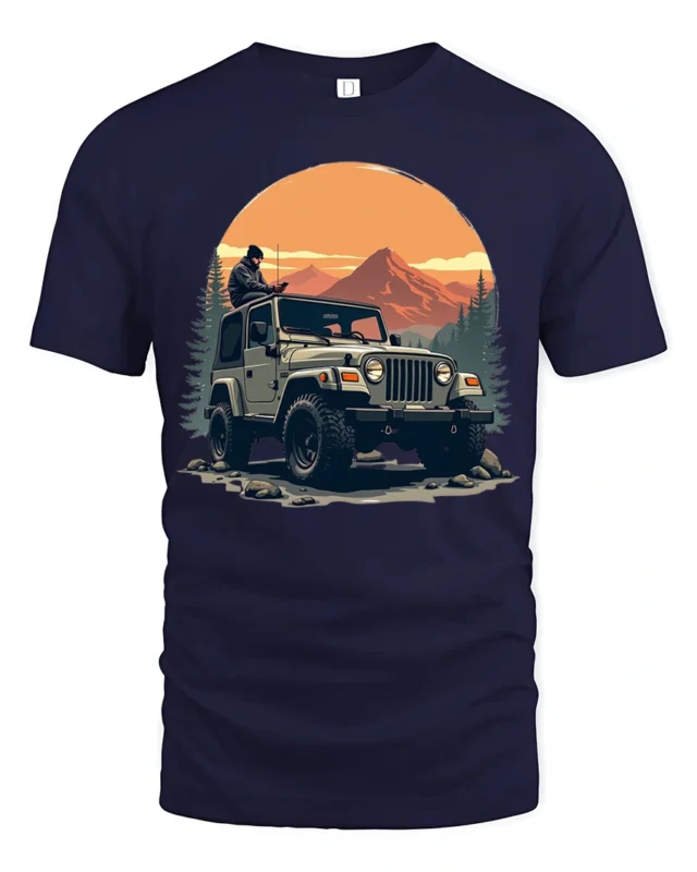 Off Road Jeep Adventure Mountain Sunset Outdoor Graphic T Shirt - navy t-shirt on white background