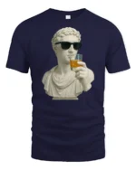 Funny Classical Statue Drinking Whiskey Cool Sunglasses T Shirt - navy t-shirt on white background