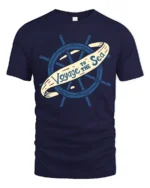 Voyage To The Sea Nautical Ship Wheel Vintage Style T Shirt - navy t-shirt on white background