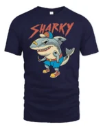 Sharky Funny Cartoon Shark Street Style Graphic T Shirt - navy t-shirt on white background