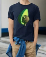 Funny Avocado With Big Attitude Cute Cartoon Food T Shirt - model wearing navy tee with hands in pockets