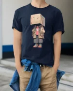 Cool Box Head Streetwear Character Urban Style Graphic T Shirt - model wearing navy tee with hands in pockets