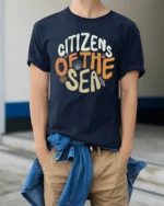 Citizens Of The Sea Cute Ocean Lover Retro Style T Shirt - model wearing navy tee with hands in pockets