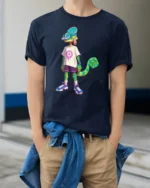 Cool Cartoon Chameleon Street Style Trendy Graphic Tee Tshirt - model wearing navy tee with hands in pockets