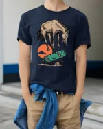 Cool Horse Skater Failing Trick Funny Graphic Tee Tshirt - model wearing navy tee with hands in pockets