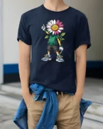 Cool Daisy Head Cartoon Kid Urban Style Graphic Tee Tshirt - model wearing navy tee with hands in pockets