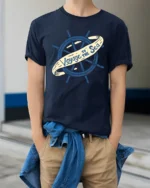Voyage To The Sea Nautical Ship Wheel Vintage Style T Shirt - model wearing navy tee with hands in pockets