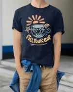 Fill Your Cup Positive Beach Vibes Coffee Lover T Shirt - model wearing navy tee with hands in pockets
