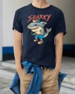 Sharky Funny Cartoon Shark Street Style Graphic T Shirt - model wearing navy tee with hands in pockets