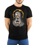 Funny Grim Reaper Coffee Lover T Shirt Cute Skeleton Tee - model wearing black tee with hands behind back