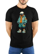 Cool Streetwear Robot Character Urban Style Graphic T Shirt - model wearing black tee with hands behind back