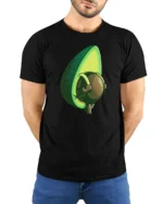 Funny Avocado With Big Attitude Cute Cartoon Food T Shirt - model wearing black tee with hands behind back