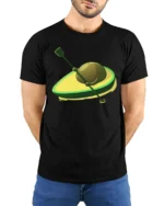 Funny Avocado Surfboard Kayak Cartoon Food Lover T Shirt - model wearing black tee with hands behind back