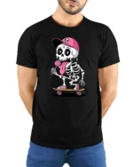 Funny Skateboarding Skeleton With Lollipop Cute Cartoon T Shirt - model wearing black tee with hands behind back