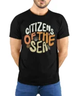 Citizens Of The Sea Cute Ocean Lover Retro Style T Shirt - model wearing black tee with hands behind back