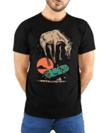 Cool Horse Skater Failing Trick Funny Graphic Tee Tshirt - model wearing black tee with hands behind back