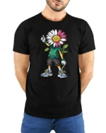Cool Daisy Head Cartoon Kid Urban Style Graphic Tee Tshirt - model wearing black tee with hands behind back