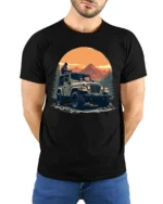 Off Road Jeep Adventure Mountain Sunset Outdoor Graphic T Shirt - model wearing black tee with hands behind back