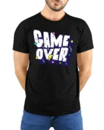 Game Over Funny Retro Gaming Typography Graphic T Shirt - model wearing black tee with hands behind back